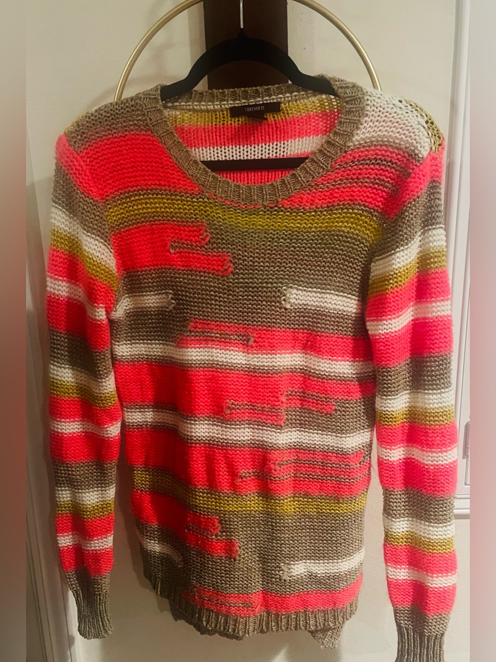 Forever 21 Striped Crewneck Sweater - Neon Pink, Olive & White